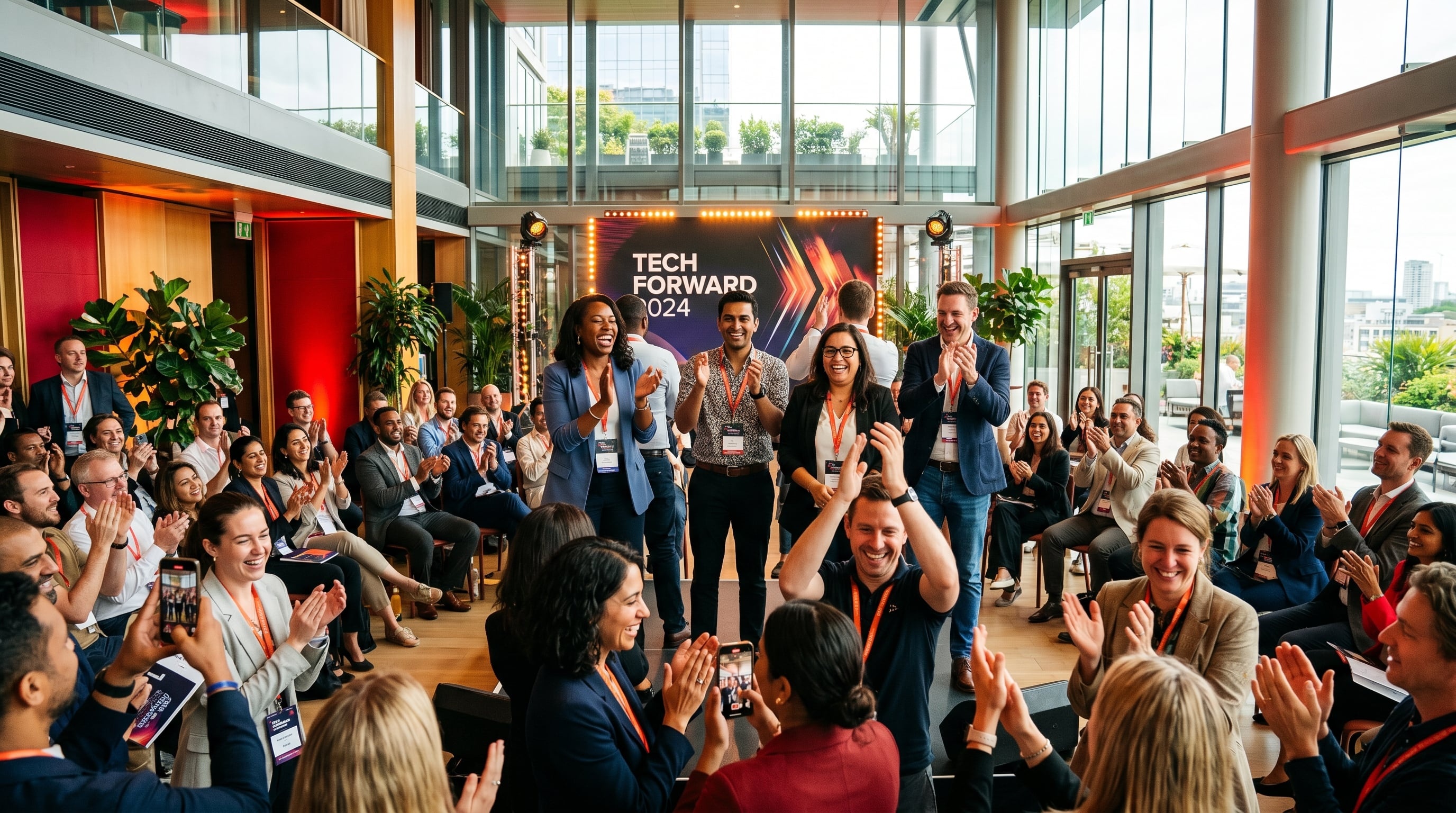 Happy people celebrating at a vibrant modern event